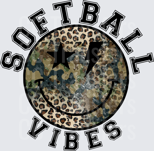Softball Vibes Camo Leopard Smiley Face Circle (DTF)