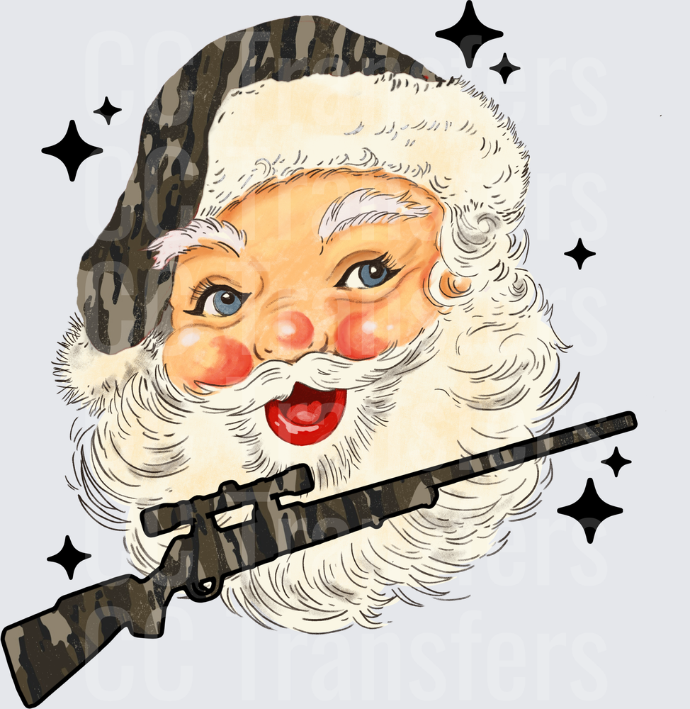Vintage Santa Camo Hat Rifle Sparkle Holiday (DTF)