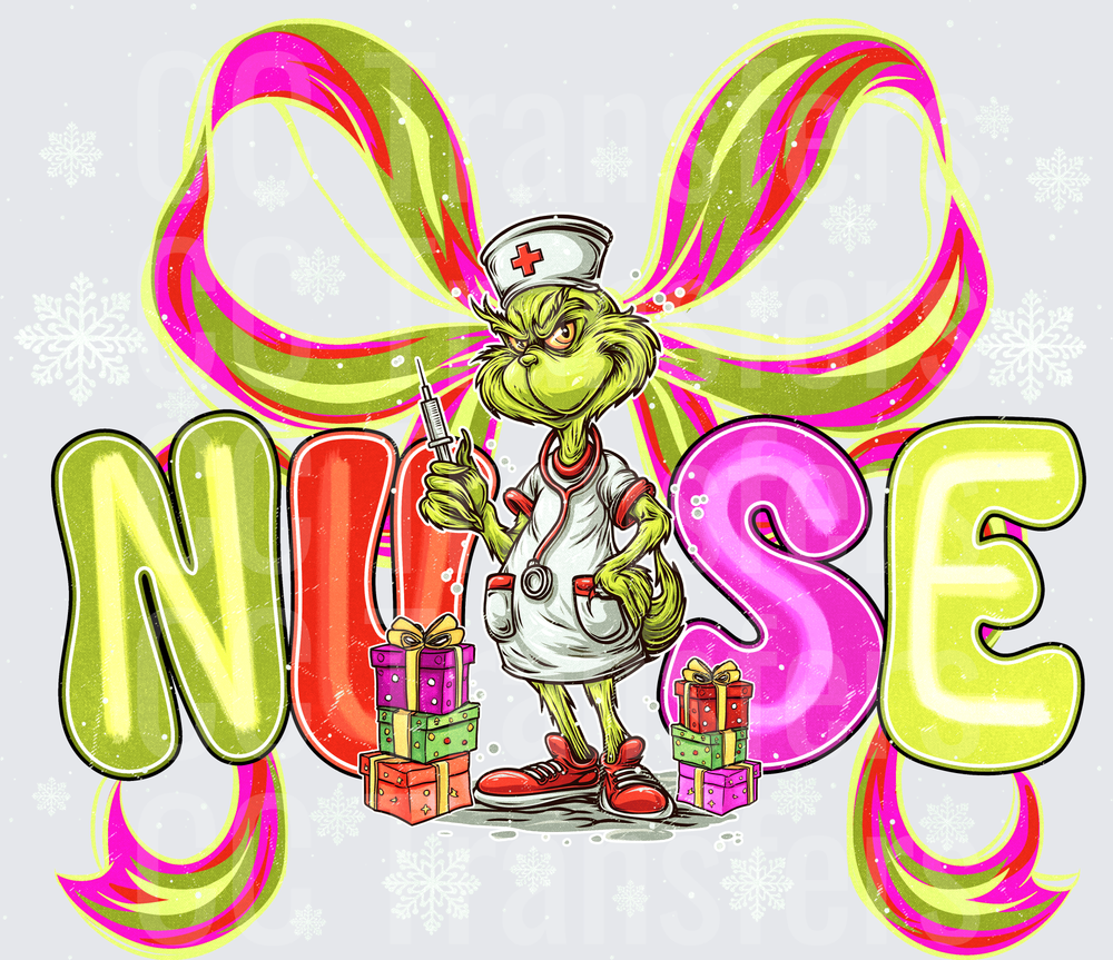 Christmas Nurse Grumpy Green Character Bow Holiday (DTF)
