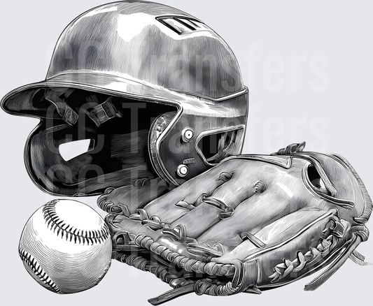 Black & White Baseball Helmet Glove and Ball Sketch (DTF)