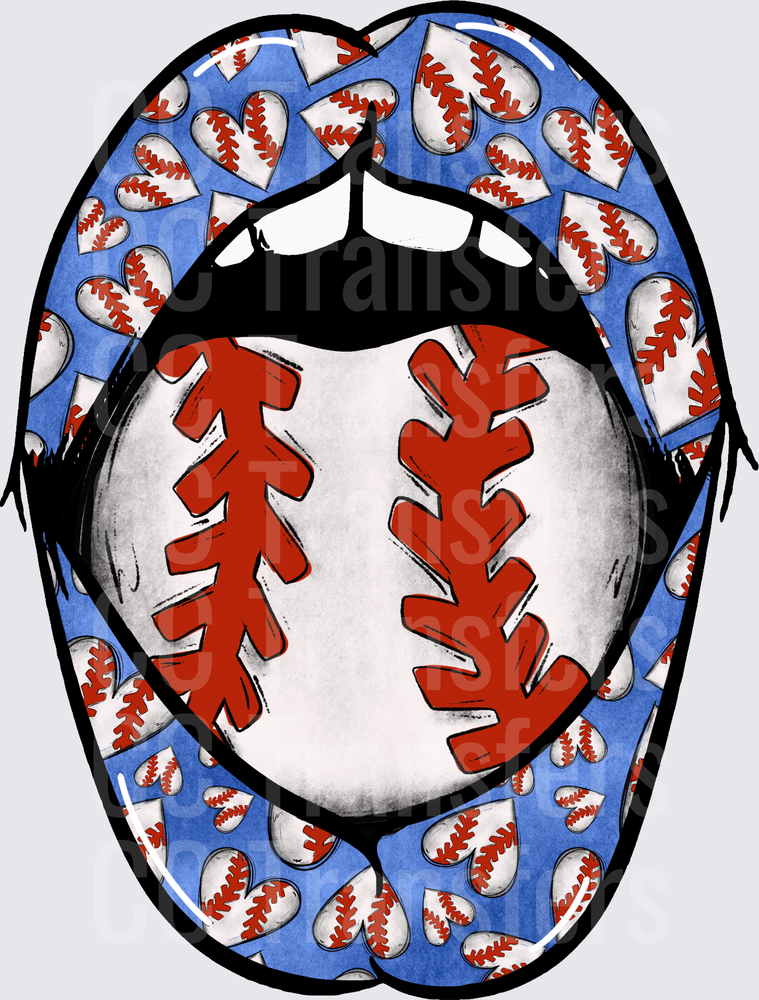 Baseball Heart Lips Open Mouth Blue Pattern Design (DTF)