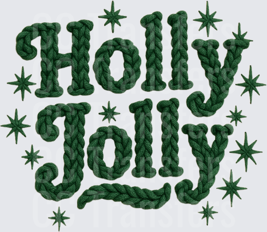Holly Jolly Green Knit Yarn Letter Design with Stars (DTF)