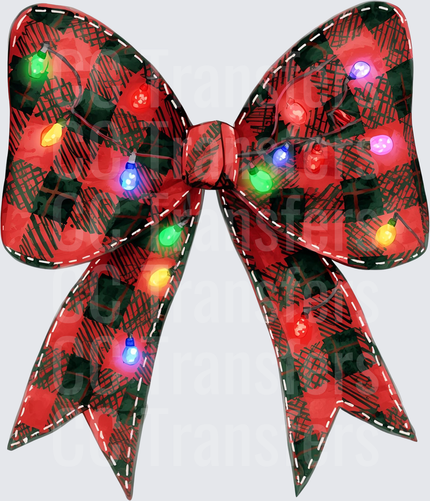Red Green Buffalo Plaid Christmas Bow with Colorful Lights (DTF)