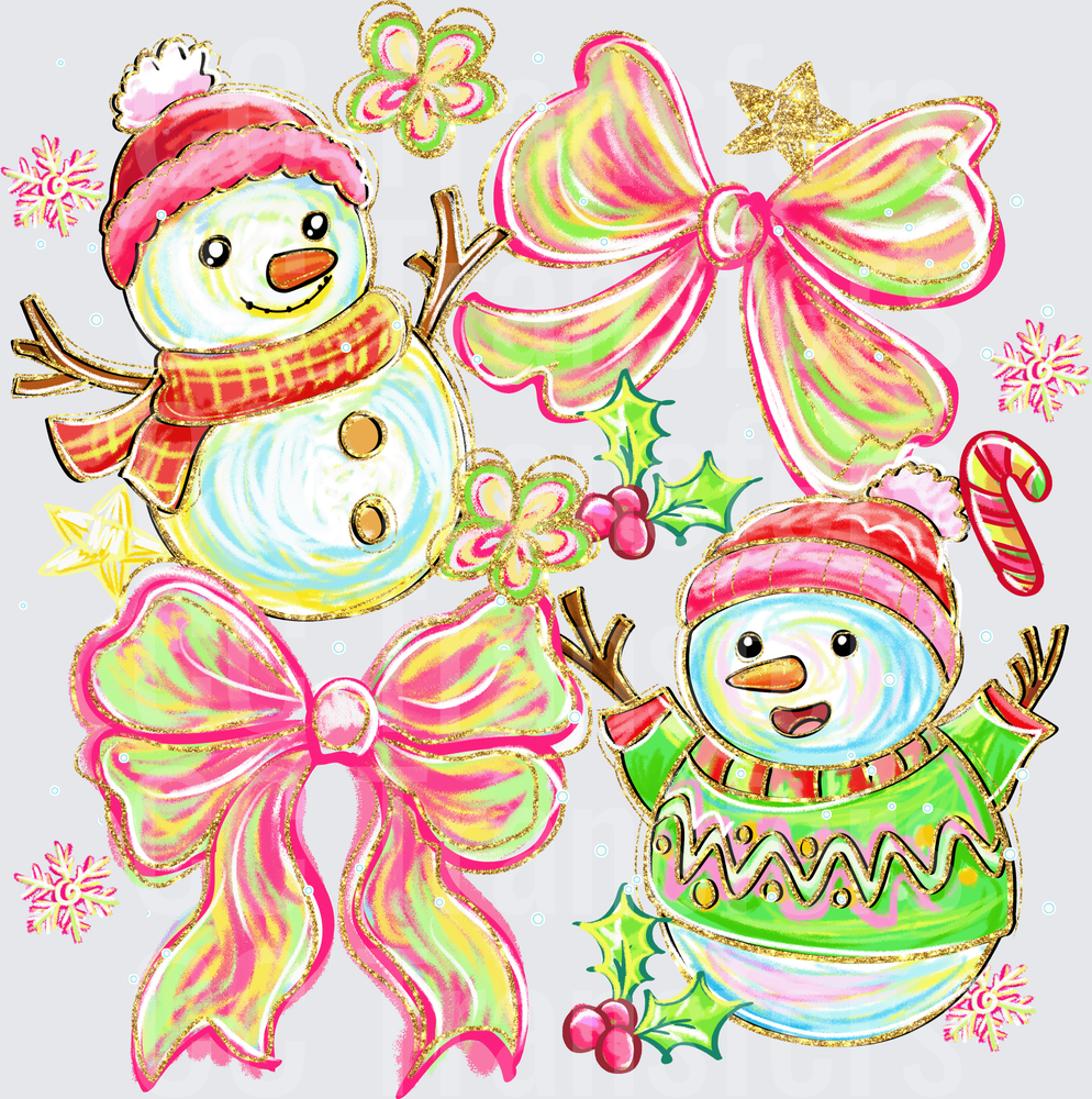 Glitter Snowmen Pink Bows Holly Candy Cane Christmas (DTF)