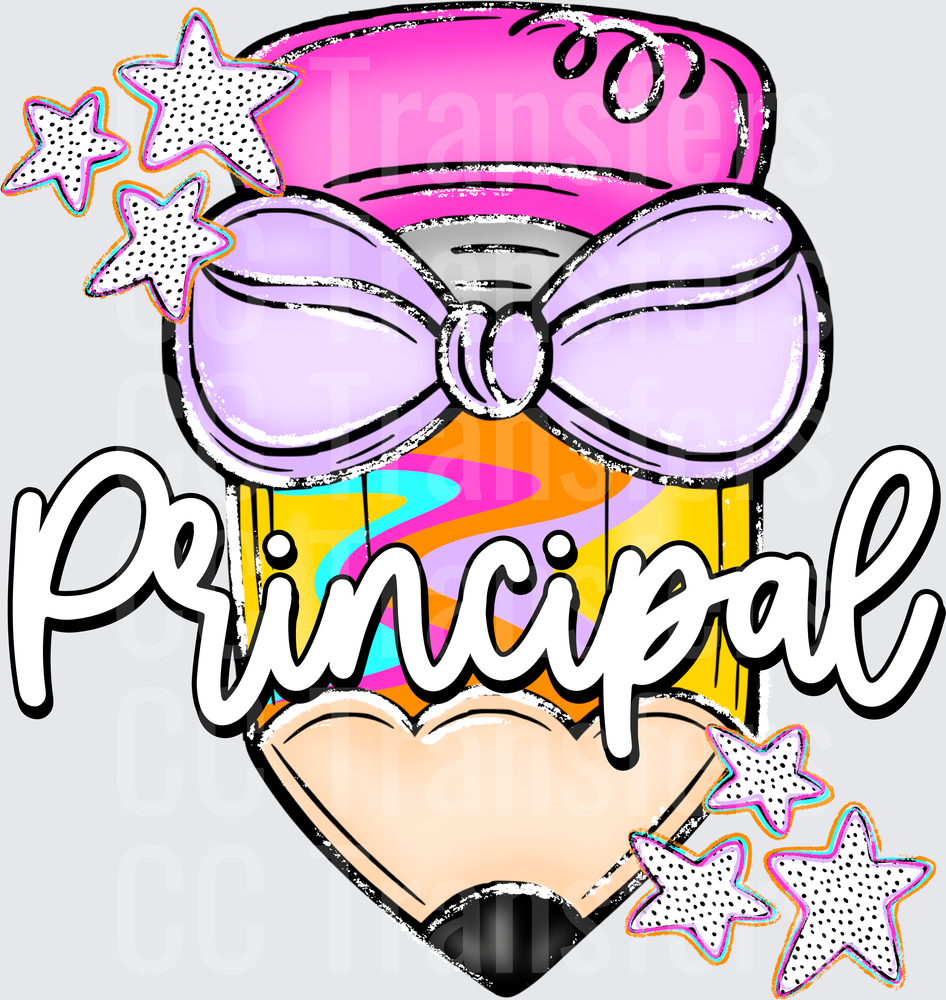 Retro Pencil with Bow and Stars Principal (DTF)