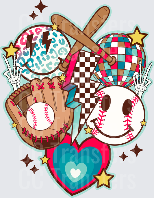 Retro Baseball Collage Smiley Disco Ball Glove Hearts (DTF)