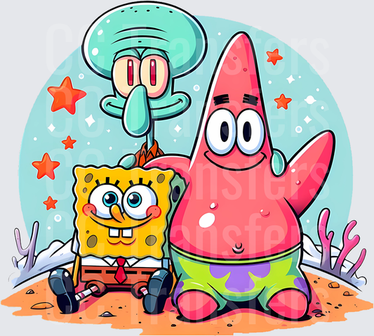 Cartoon Sponge Star and Squid Best Friends Underwater (DTF)