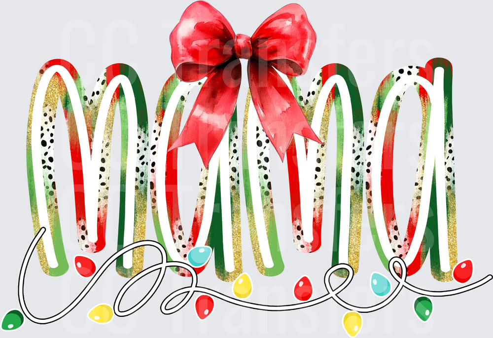 Christmas Mama Lettering Red Bow Holiday Lights (DTF)