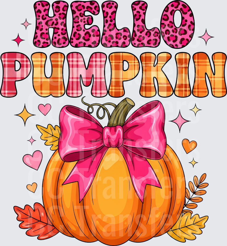 Hello Pumpkin Leopard Plaid Pink Bow Fall Leaves (DTF)