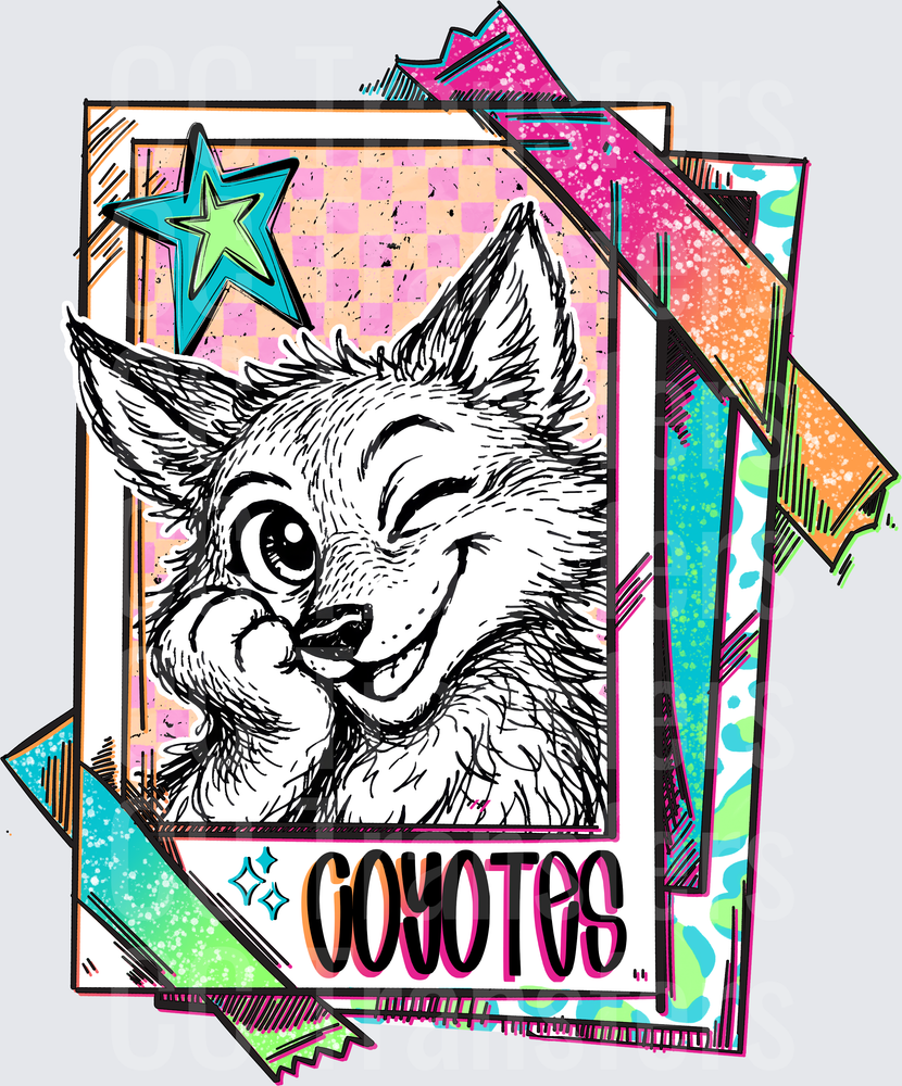 Retro Coyotes Mascot Card with Neon Checkered Background (DTF)