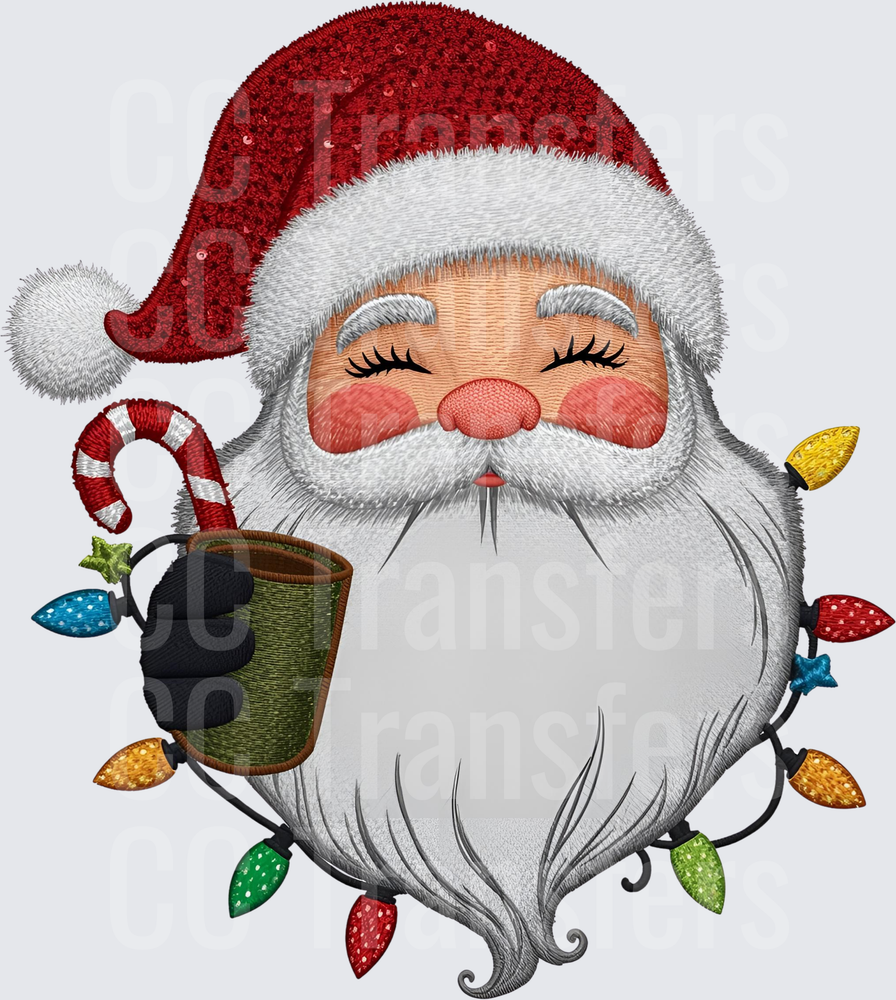Cozy Santa Face with Mug Candy Cane Christmas Lights (DTF)