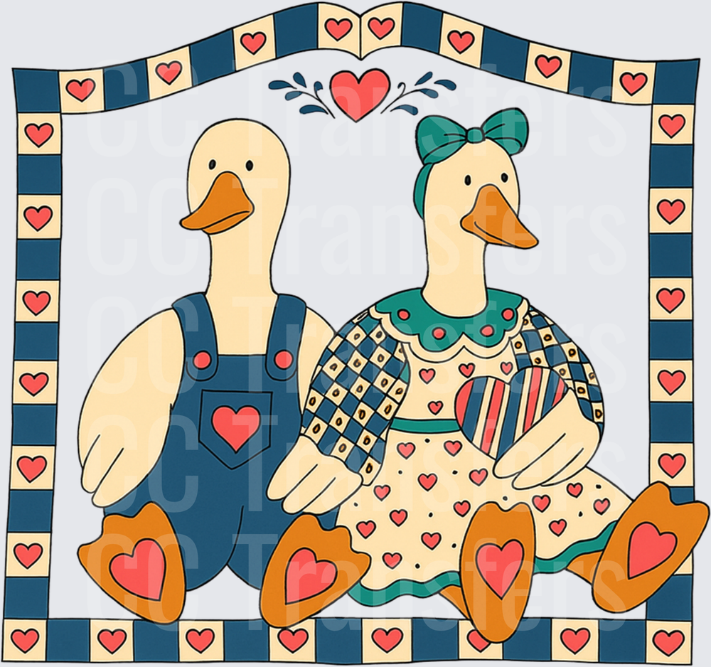 Country Folk Art Duck Couple with Hearts Border (DTF)