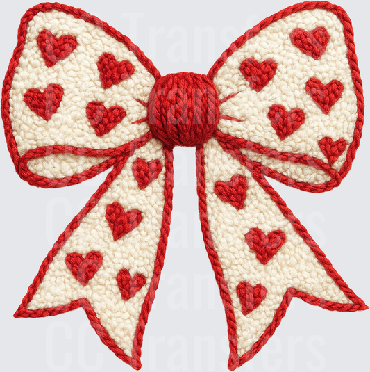 Crochet Knit Bow with Red Hearts Pattern (DTF)