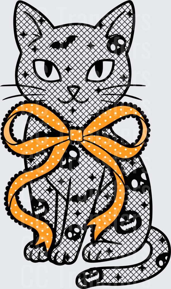 Halloween Lace Cat Orange Polka Dot Bow (DTF)