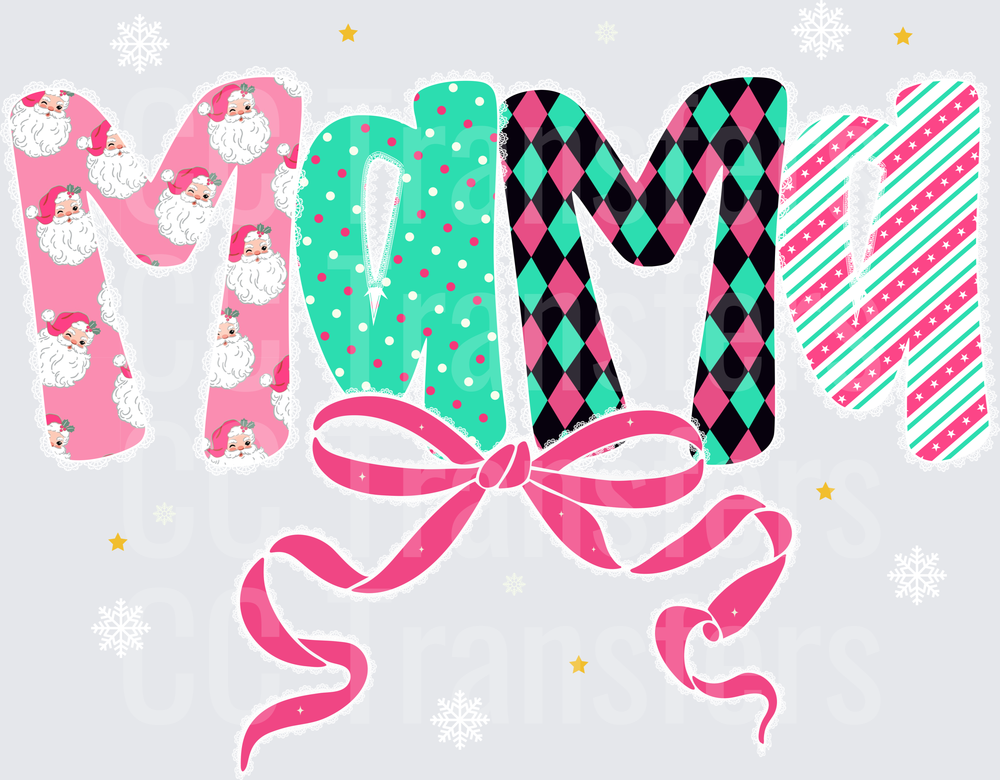 Christmas Mama Patterned Letters Pink Bow DTF