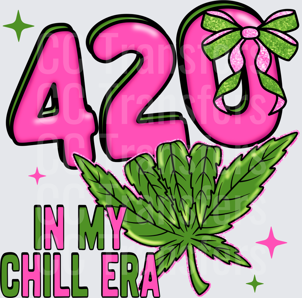 420 In My Chill Era Pink Bow Cannabis Leaf Sparkle (DTF)