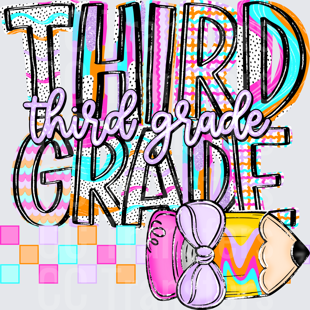 Third Grade Bold Colorful Typography with Pencil and Bow (DTF)