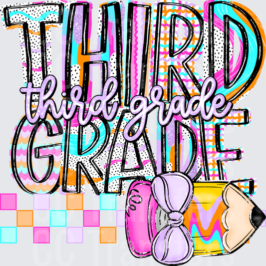 Third Grade Bold Colorful Typography with Pencil and Bow (DTF)