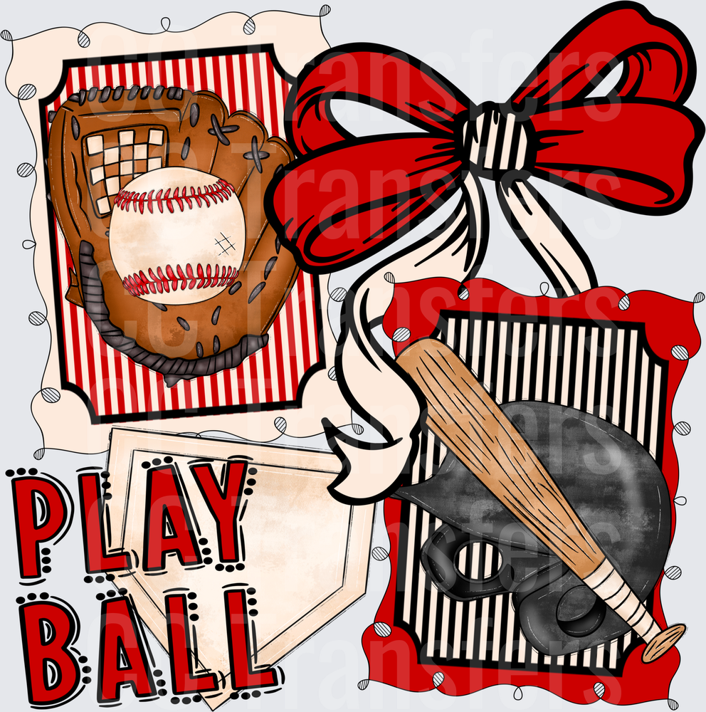 Play Ball Baseball Glove Bat Helmet Red Bow (DTF)