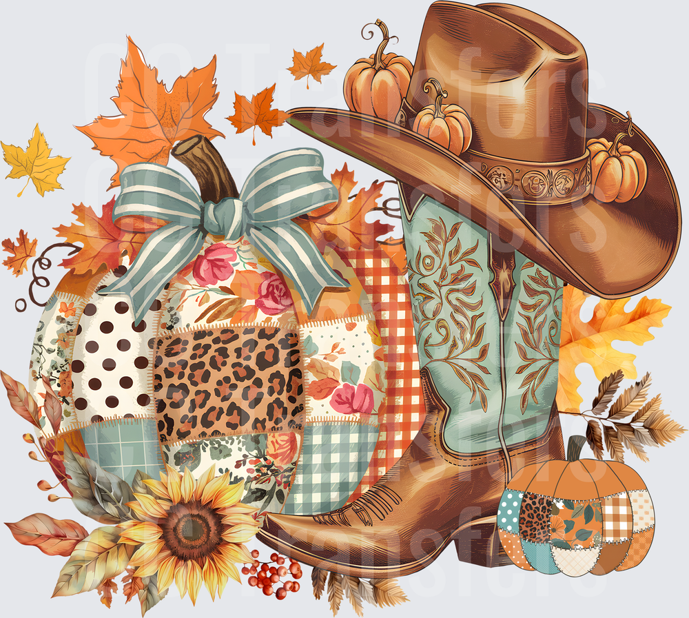 Patchwork Pumpkin Cowboy Boot Hat Fall Autumn (DTF)