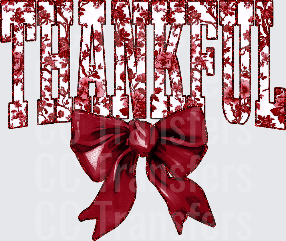 Thankful Floral Red Glitter Letters with Bow (DTF)