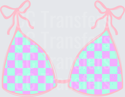 Pastel Checkered Triangle Bikini Top with Pink Bows (DTF)