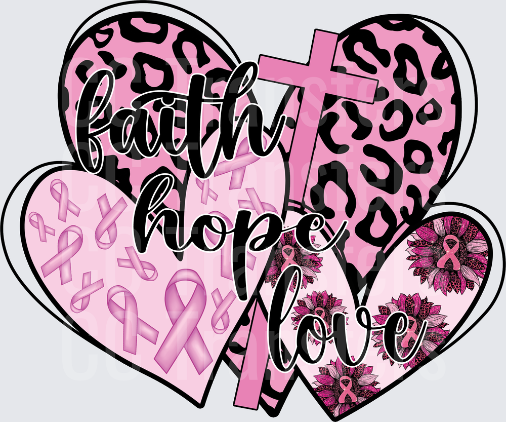 Faith Hope Love Pink Ribbon Hearts Leopard Cross (DTF)