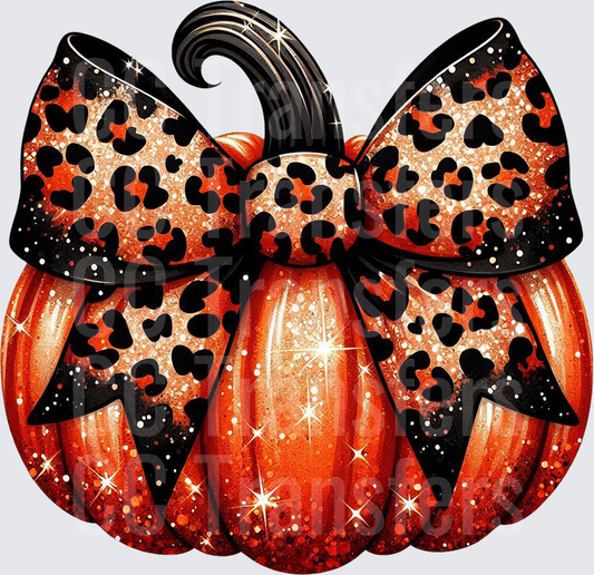 Glitter Orange Pumpkin with Leopard Print Bow (DTF)