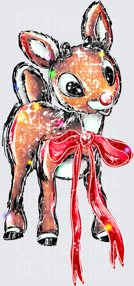 Glittery Red-Nosed Reindeer with Red Bow Christmas (DTF)