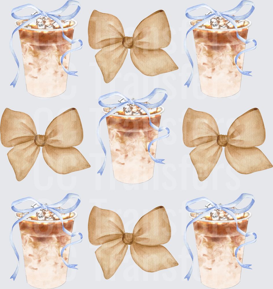 Watercolor Iced Coffee Cups Blue Bows Pattern (DTF)