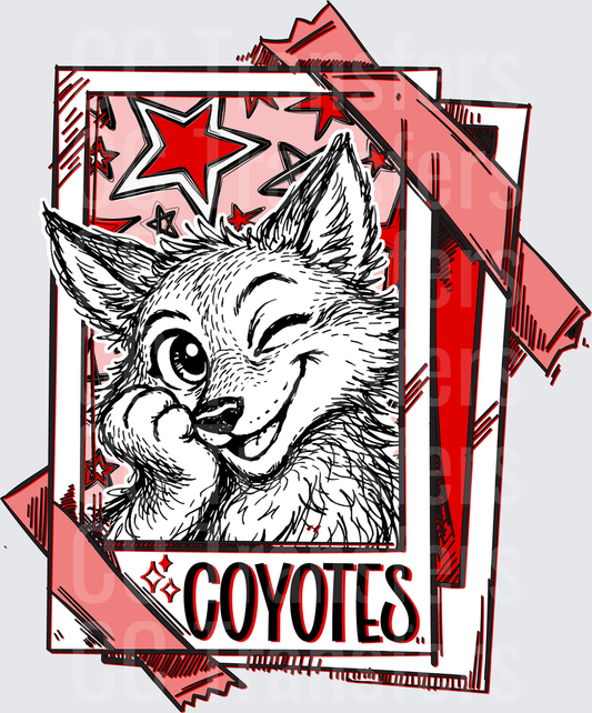 Winking Coyote Portrait Card Red Stars Mascot (DTF)