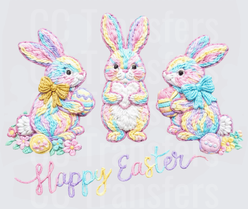 Embroidered Style Pastel Easter Bunnies Happy Easter (DTF)