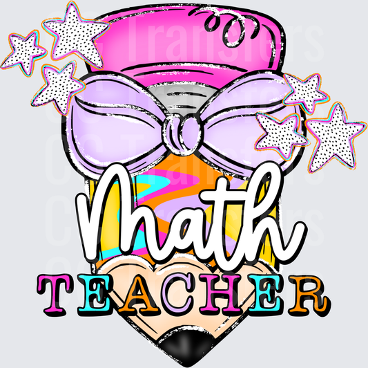 Retro Math Teacher Pencil with Bow and Stars DTF