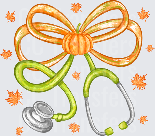 Fall Pumpkin Bow Stethoscope with Autumn Leaves (DTF)