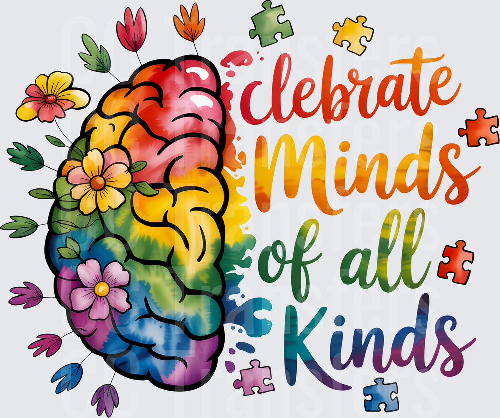 Celebrate Minds of All Kinds Rainbow Brain Floral Puzzle (DTF)