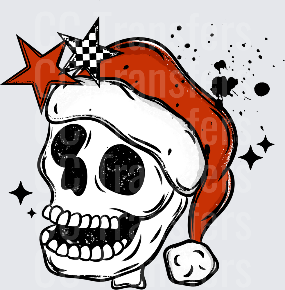 Punk Skull Santa Hat Red Stars Ink Splatter Christmas (DTF)