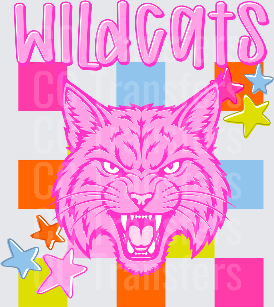 Wildcats Roaring Pink Cat Head Colorful Checkered Stars (DTF)