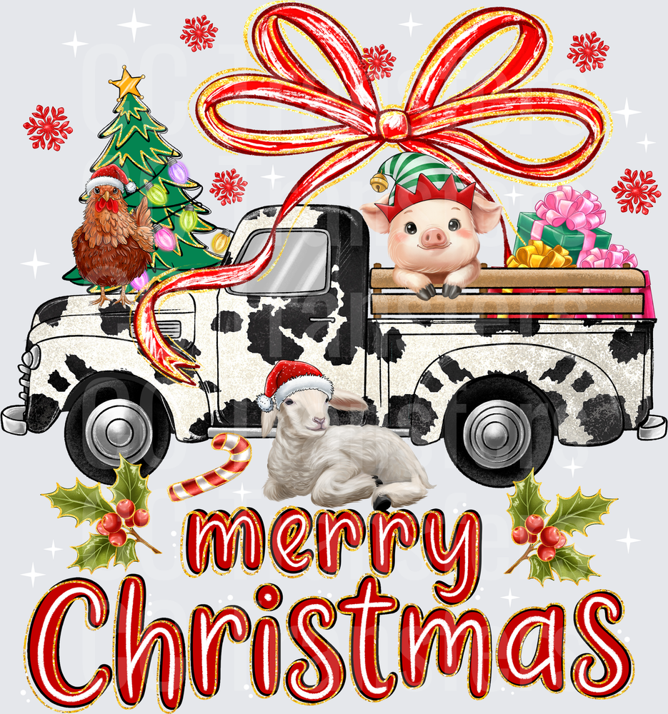 Merry Christmas Farm Animals Cow Print Truck Holiday (DTF)
