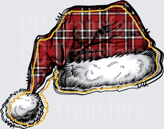Red Plaid Santa Hat with Gold Trim and Fur Brim (DTF)