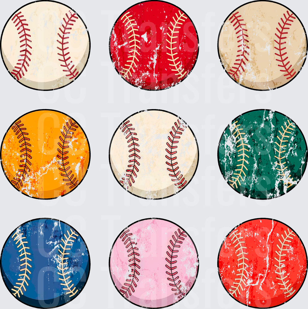 Grunge Distressed Baseballs Multi Color Set of 9 (DTF)