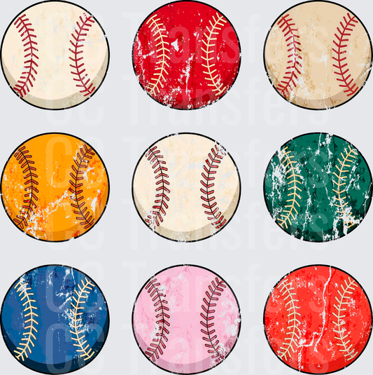 Grunge Distressed Baseballs Multi Color Set of 9 (DTF)