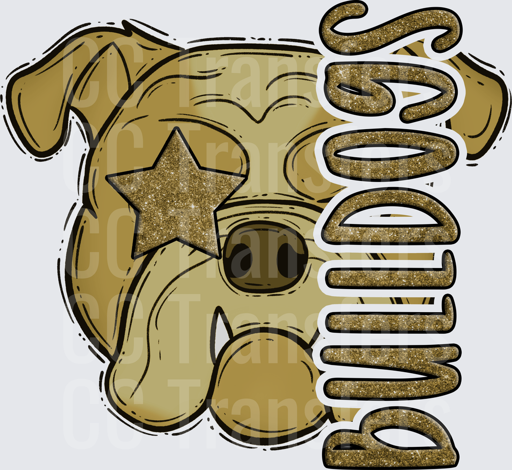 Gold Glitter Bulldog Face with Star Eye Mascot (DTF)
