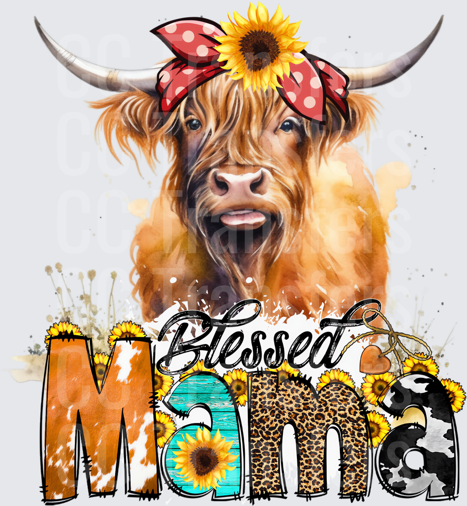 Blessed Mama Highland Cow Sunflower Bandana (DTF)