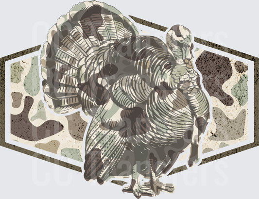 Camo Wild Turkey Tom Full Strut Hexagon Badge (DTF)