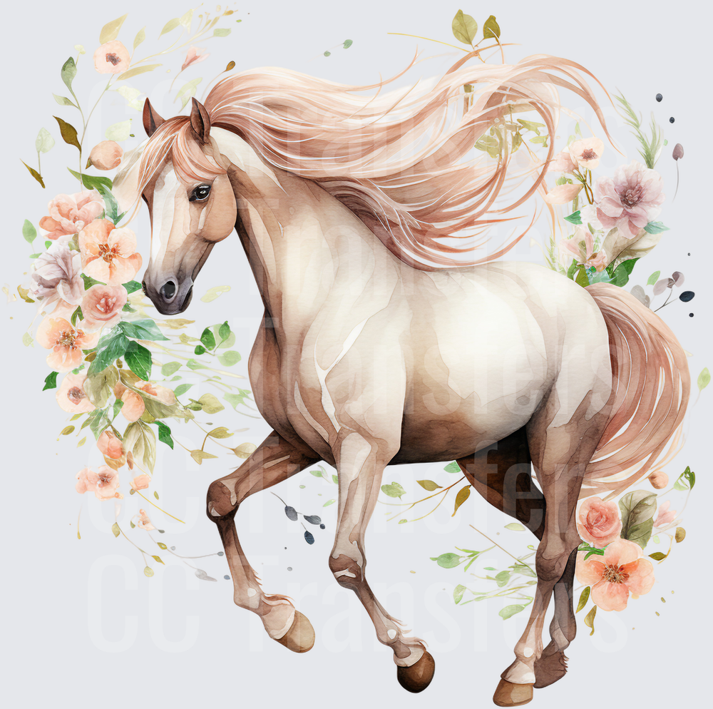 Watercolor Palomino Horse Flowing Mane Floral Wreath (DTF)
