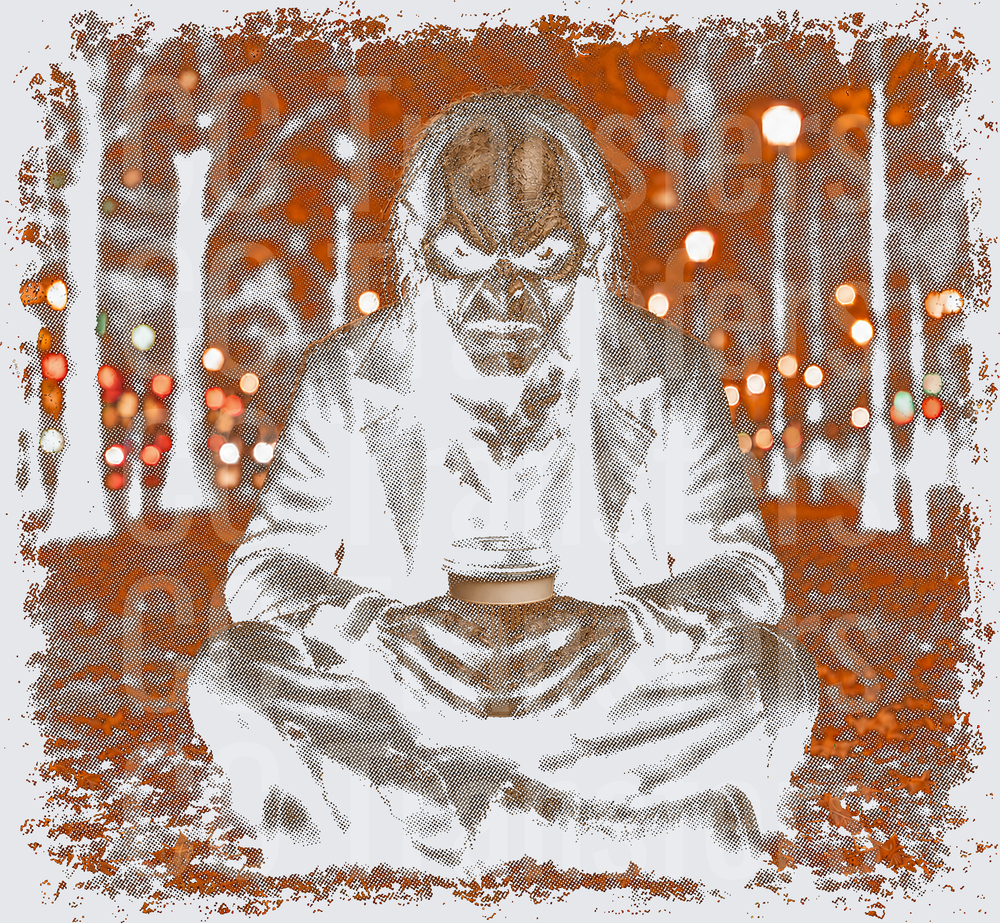 Scary Zombie Figure Sitting Cross-Legged Holding Coffee (DTF)