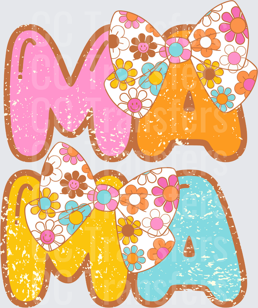 Retro Groovy MAMA Bubble Letters Floral Bow Distressed (DTF)