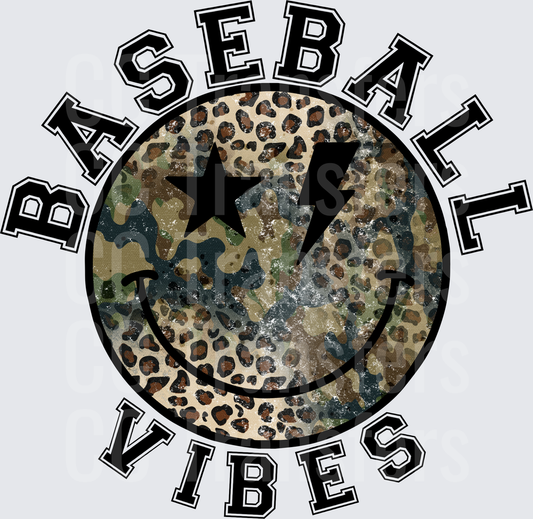 Baseball Vibes Camo Leopard Smiley Face Circle (DTF)