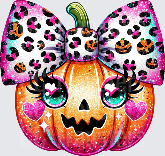 Glitter Glam Jack-O-Lantern with Leopard Print Bow (DTF)
