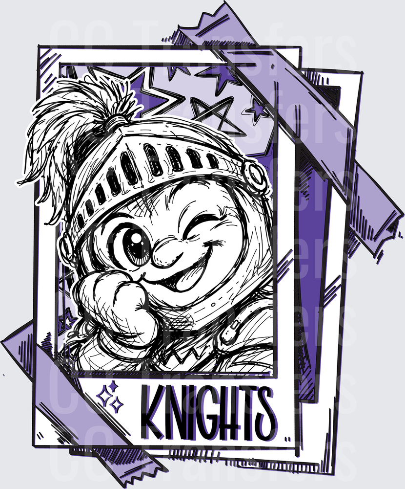Cartoon Knight Mascot Winking Sketch Card Purple (DTF)